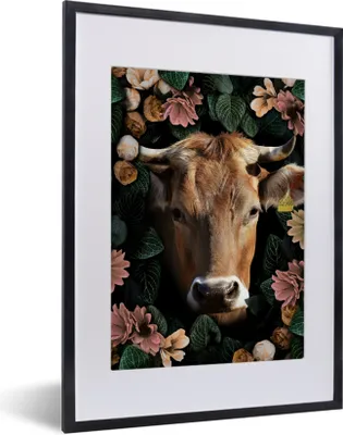 Produktbild von MuchoWow® MuchoWow® Gerahmtes Poster Kuh - Tiere - Blumen 30x40 cm - Poster mit zchwarzem Bilderrahmen - Wandposter Schlafzimmer