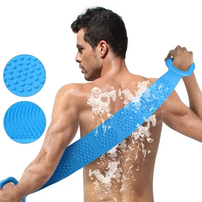 Image de Brosse pour le dos, brosse pour le corps, 73 cm de long, brosse de massage exfoliante en silicone pour le dos, brosse exfoliante en silicone pour le corps et le dos, accessoire permettant d'éliminer les cellules mortes de la peau sous la douche ou dans le bain (bleu)
