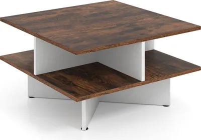 Image de COSTWAY Table basse en bois, Table de salon carrée avec 4 compartiments de rangement & pied en forme de croix, Table d'appoint, Table basse, Marron & Blanc