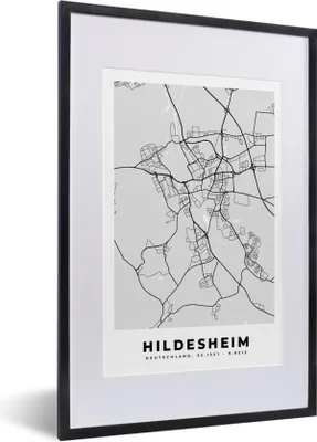 Produktbild von MuchoWow® Gerahmtes Poster Karte - Stadtplan - Deutschland - Hildesheim - Karte 40x60 cm - Poster mit Schwarzem Bilderrahmen Wandposter Rahmen Foto Bilder - Poster in Rahmen