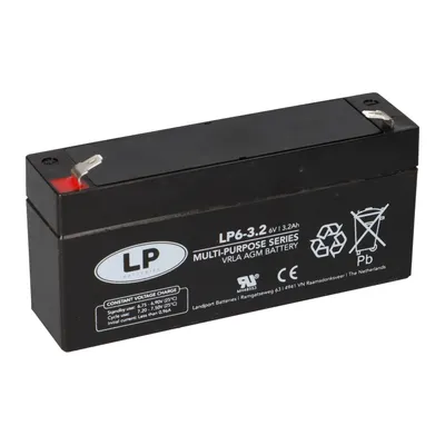 A black 6V 3.2Ah AGM battery with labels and markings.