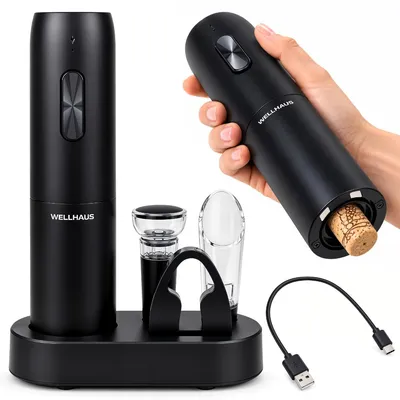 Produktbild von WELLHAUS Elektrischer Weinöffner Set Schwarz USB C Ladestation Zubehör