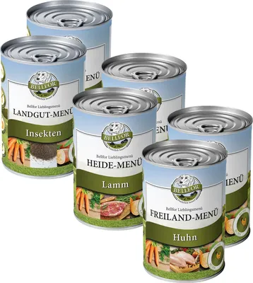 Produktbild von Bellfor Starter-Paket Nassfutter - 2 x Freiland-Menü 400g, 2 x Heide-Menü 400g, 2 x Landgut-Menü 400g Getreidefrei - 2,400.00 g