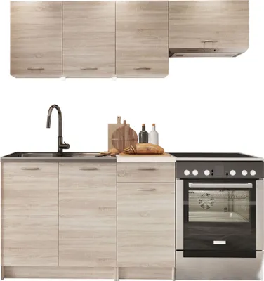 Produktbild von MIRJAN24 Küchenzeile Mela, Sonoma Eiche/Petra Beige, 5 Module, 180 cm Gesamtbreite, mit LED Beleuchtung, frei kombinierbar, inkl. Arbeitsplatte