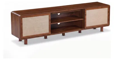 Productafbeelding van SensaHome Japandi TV-kast - Dressoir met rieten schuifdeuren en een open middenvak - 178x35x50 cm - Walnoot