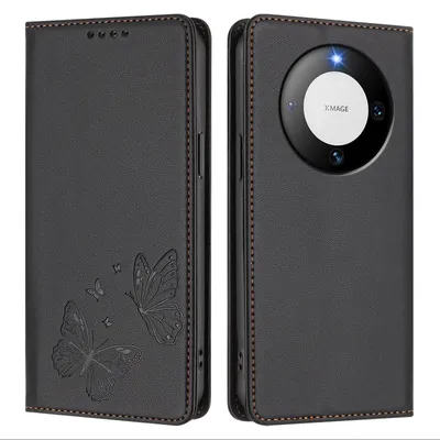 Obrázek produktu pro Kožené pouzdro pro Huawei Mate 60 Pro/Mate 60 Pro+, motýlí ražbou, peněženkové flip pouzdro se stojánkem Černá