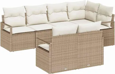 Imagen del producto de Conjunto de sillones de jardín con cojines, 7 piezas, color beige, fabricado en polirratán
