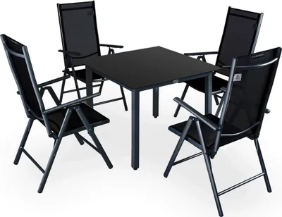Produktbild von CASARIA Gartenmöbel Set, Aluminium Sicherheitsglas, 4 Stühle 1 Tisch, Wetterfest Klappbar Verstellbare Rückenlehnen, 90x90cm, Terrasse Balkon, Bern, Schwarz, Stühle bis 120kg, Tisch bis 75kg