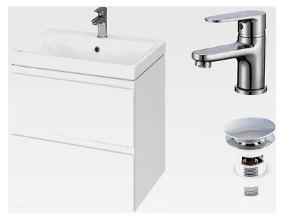 Produktbild von Badmöbel 60 cm Weiß mit Armatur und Pop-up Ventil Waschbecken mit Unterschrank und 2-Schubladen Badschrank Hängeschrank