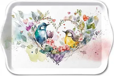 Produktbild von Tablett Melamin 21x13cm mit Vogelpaar & Herz Motiv Weiß / Bunt