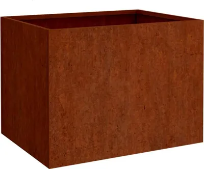 A single, rectangular planter box made of corten steel, shown from a three-quarter angle.