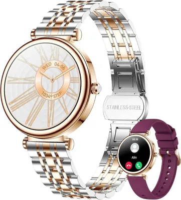 Produktbild von Elegante Smartwatch Damen mit Telefonfunktion 2026 Gold Silber rund mit Blutdruckmessung für Android und IOS Geräte wasserdicht mit Armbandwechsel
