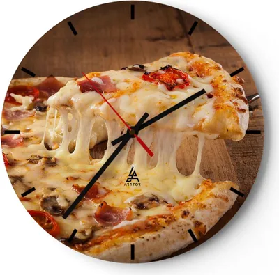 Produktbild von Wanduhr - Rund - Glasuhr - Pizza Käse Tomaten - 40x40cm - Schleichendes Uhrwerk - Lautlos - zum Aufhängen bereit - Dekoration Modern - Wanddekoration aus Glas - C3AR40x40-3784