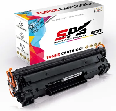 A black toner cartridge is shown in front of its packaging.