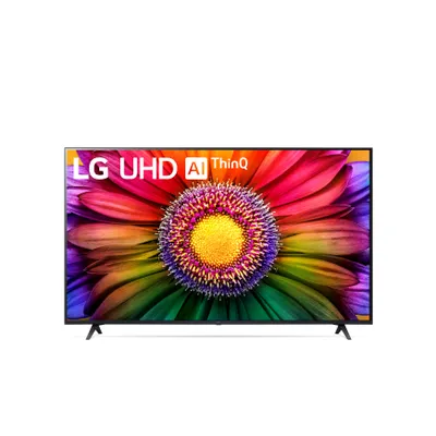 A television screen displaying a colorful flower image with branding.
