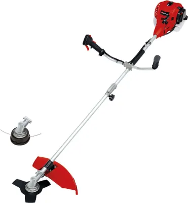 A red and silver string trimmer with a black cutting head and a separate cutting head attachment shown to the left.