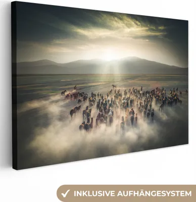 Produktbild von MuchoWow® - Leinwandbilder - Pferde - Natur - Nebel - Wildtiere, Wandbild, Wanddeko Bilder Wohnzimmer, 60x40 cm