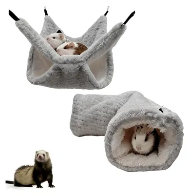 Produktbild von 2 Stück Hängematte und Tunnel Set für Meerschweinchen, Doppelschicht Hängematte aus weichem Plüsch, Zubehör für Kleintiere wie Hamster, Frettchen, Chinchillas und Ratten (Grau-2pcs)