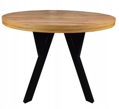A round wooden table with black legs on a white background.