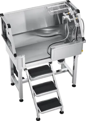 Produktbild von Hundewaschstation aus Edelstahl, 870x488x1025 mm Tierpflegewanne mit Ablagetreppe, Wasserhahn, Duschkopf & Seifenhalter, Hundebadewanne