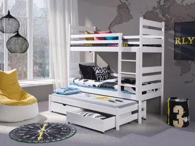 Produktbild von KEF Tobi Etagenbett Kinder Etagenbett 3 Personen Holz Kinderbett mit Schubladen ohne Matratze 80x160 cm Weiß
