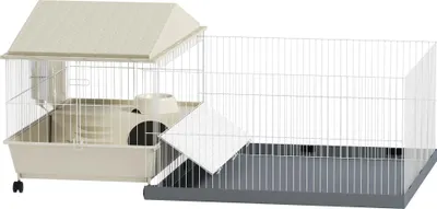 Produktbild von PawHut Meerschweinchenkäfig, Kleintierkäfig mit herausnehmbarem Auslauf, wasserdichter Matte, Balkon, Futternapf, weich bezogener Rampe, 4 Rädern, für Meerschweinchen und Igel, Beige