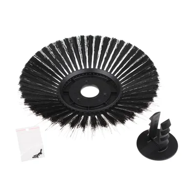 A black brush head, a small plastic bag with screws, and a black plastic mounting piece are arranged on a white background.