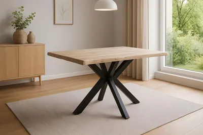 Produktbild von Esstisch Harley | 140 x 80 cm | Akazienholz massiv | Farbe: Natur lackiert | echte Baumkante | Spider-Gestell Metall Schwarz | pflegeleichter Baumkantentisch/Esszimmertisch/Küchentisch
