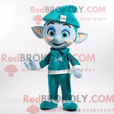 Productafbeelding van Mascottefiguur REDBROKOLY van een blauwgroen elfje gekleed met een poloshirt en stropdassen
