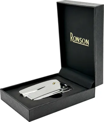 A silver Ronson lighter is displayed in its black presentation box.