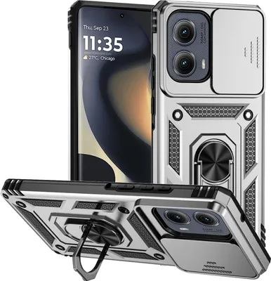 Immagine prodotto di Custodia per Motorola Edge (2024) a doppio strato con copertura scorrevole della fotocamera e supporto ad anello Argento