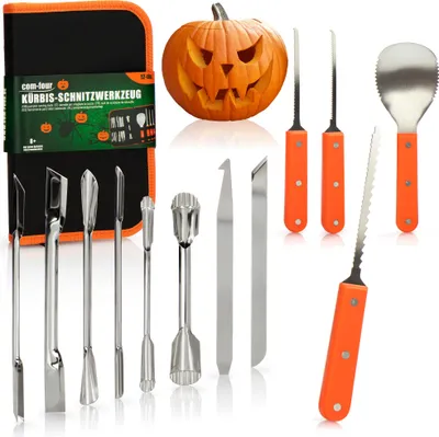 Produktbild von com-four® 12-teiliges Kürbis Schnitz-Set für Halloween - Schneide-Werkzeuge zum Aushöhlen von Kürbissen - Messer, Löffel und Schnitz-Zubehör in Premium-Tasche