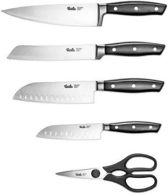 Produktbild von Fissler PROFI Messerset 5 tlg, Spezialklingen-Edelstahl geschmiedet - scharf, 4 Küchenmesser & Küchenschere Set, Kochmesser / 2 Santoku-Messer / Brotm