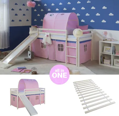 Produktbild von Homestyle4u Hochbett 90x200 mit Rutsche Lattenrost Vorhang Tunnel rosa Kinderbett Weiß Holz Kiefer Massiv Jugendbett