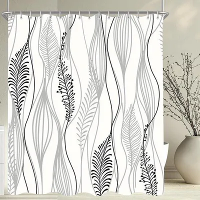 Produktbild von Unyqoos® Duschvorhang mit Blattmuster, 240 x 200 cm, Polyester – wasserabweisend & antibakteriell, 16 Kunststoffhaken, gewichteter Saum