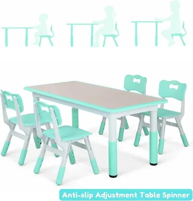Image de Table pour enfants avec 4 chaises - set de 5 pièces - hauteur réglable - 120x60 cm - plastique-bois - bleu ciel