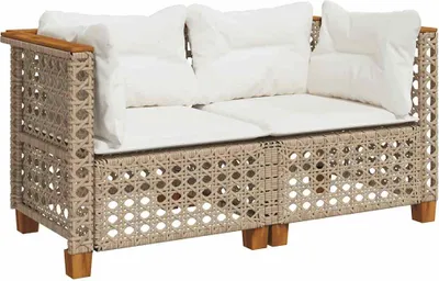A studio shot of a two-seater outdoor sofa with white cushions.