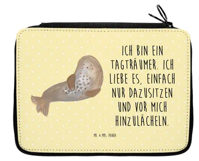 Produktbild von Mr. & Mrs. Panda Federtasche Robbe Lachen - Gelb Pastell - Geschenk, Mäppchen, Lustige Sprüche, Bleistiftetui, Nordsee, Robben, Malmappe, Ostsee, Meerestier, Strand