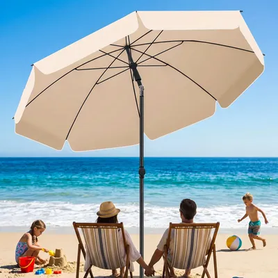 Image de Parasol de plage - Adapté pour 3 à 4 personnes - Protection UV - Double couche - Toile - Forme ronde - Beige