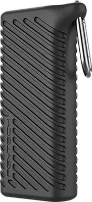 A black card reader with a textured grip and a metal keyring attachment.