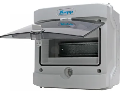Produktbild von KOPP Aufputz-Feuchtraum-Verteilerkasten N8D, IP65, mit Tür, 1-reihig, 8 Pole