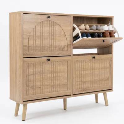 Productafbeelding van CASABEL Schoenenkast 4 Kleppen, 24 Paar, Retro Stijl, Compact Halmeubel, Licht Hout