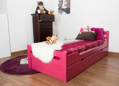 Produktbild von Kinderbett / Jugendbett "Easy Premium Line" K1/2n inkl. 2 Schubladen und 2 Abdeckblenden, 90 x 200 cm Buche Vollholz massiv Rosa