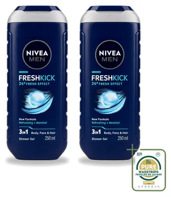 Obrázek produktu pro 2 x Nivea Men Fresh Kick sprchový gel 3 v 1 - 250 ml - balení pro větší spotřebu - 2 kusy