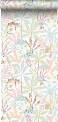 Produktbild von Sanders & Sanders Tapete Dschungeltiere Grün, Rosa und Blau 53 cm x 10.05 m