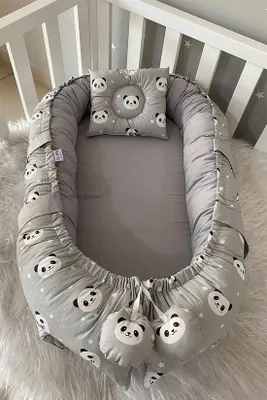 Image de Nid pour bébé Jaju avec oreiller, coton motif panda gris, 100 x 60 x 15 cm