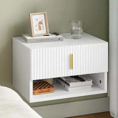 SoBuy Nachttisch FBT176-E-W in Weiß mit Goldgriff, Wandmontage und offener Ablage im Schlafzimmer