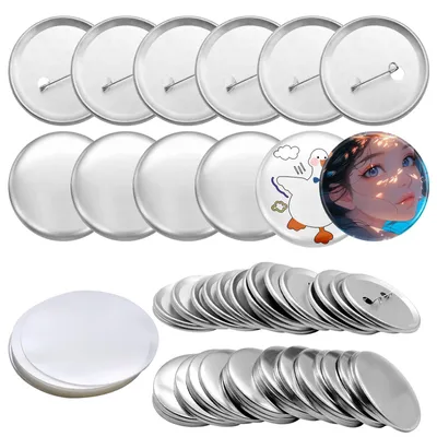 100x Buttonrohlinge 58 mm, Metall, mit Sicherheitsnadel, DIY