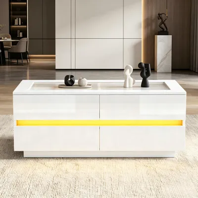 Immagine prodotto di Tavolino bianco okwish con piano in vetro temperato e illuminazione LED, mobile contenitore con quattro cassetti, frontali lucidi, ideale per il soggiorno