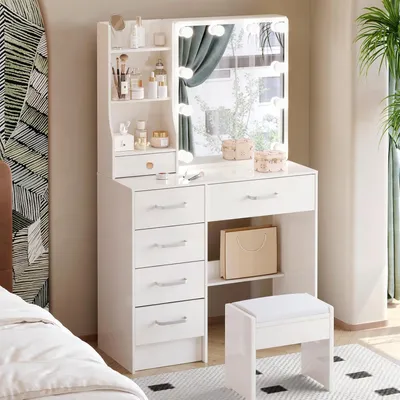 Image de Coiffeuse avec éclairage et miroir, coiffeuse avec tabouret, table de maquillage 80x36x130cm
